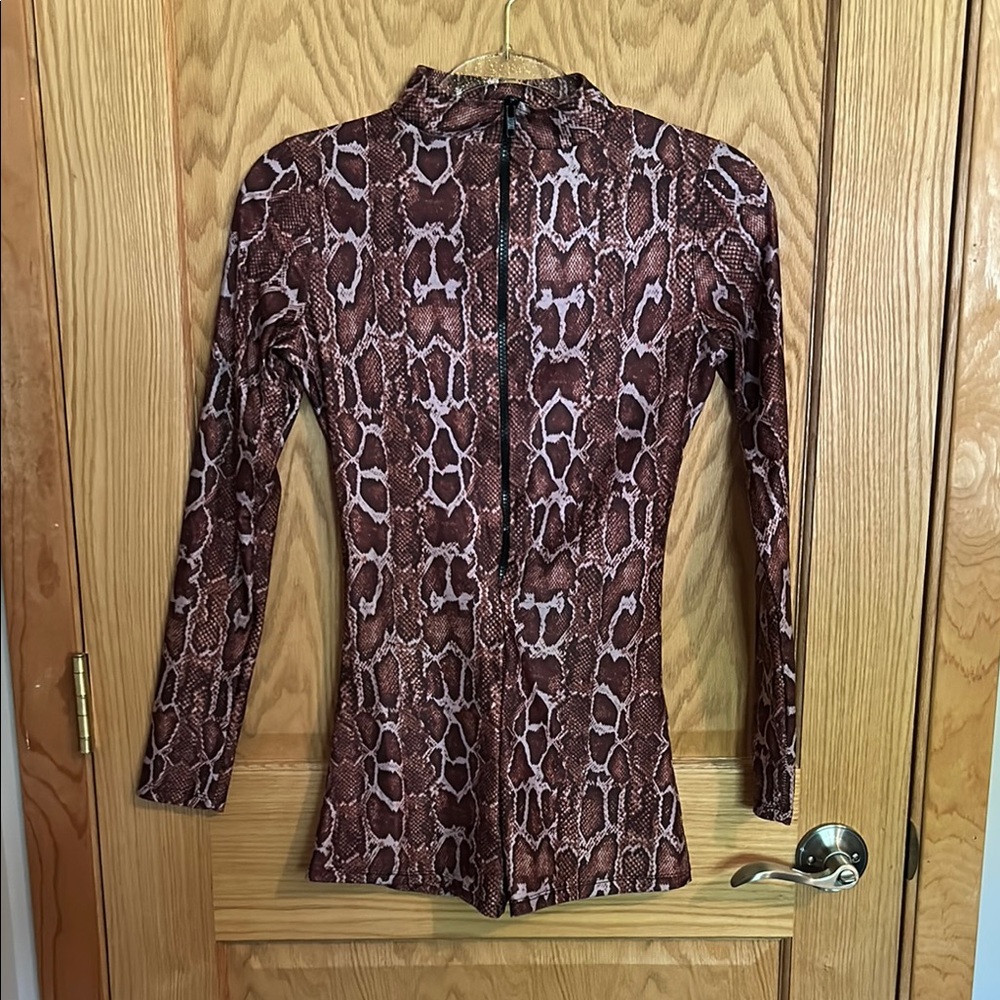 Brown Snake Print Long Sleeve Romper